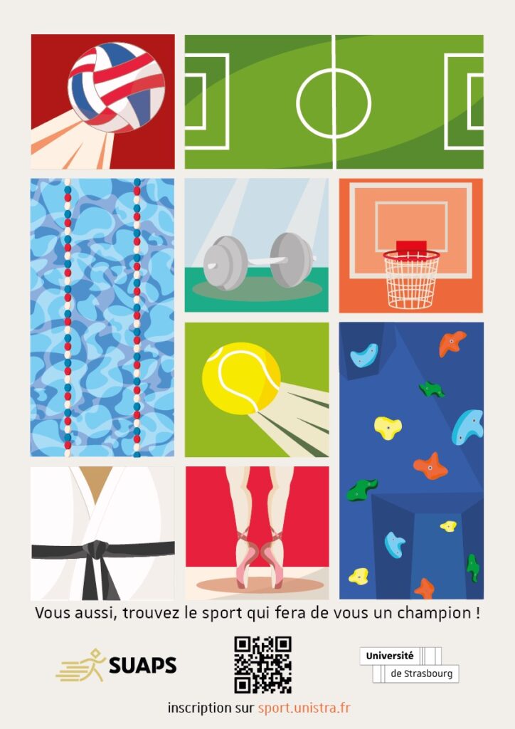 Affiche en Bento illustré sur le thème du sport, notamment escalade, danse, tennis, volley, muscu,...