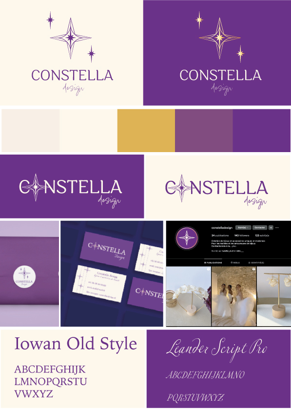 Brand board Constella design marque de bijoux pour mariée avec logo, couleurs, mockups tickets/carte de visite, insta ...