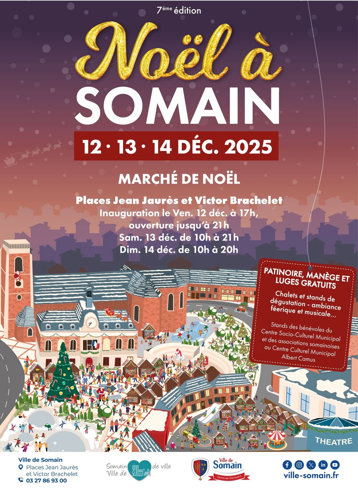 Affiche Noël à Somain, illustration des places Jean Jaurès et Victor Bachelet en période de marché de Noel et de festivité sur un fond crépusculaire en dégager de rose a bleu indigo