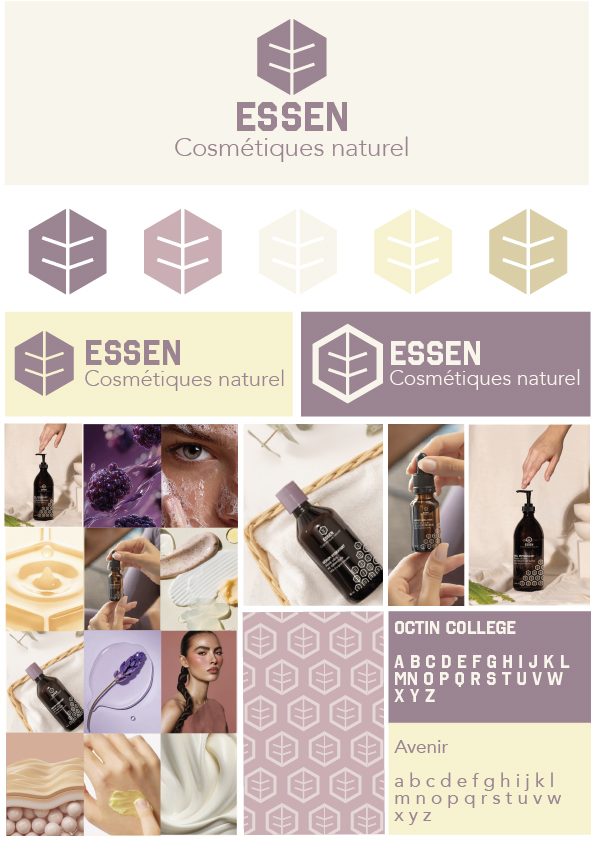 Brand board de marque responsable Essen une marque de cosmétique responsable. le board présente le logo principale les couleurs, les déclinaison, un exemple de feed installé, des mockup, et les typos et motifs