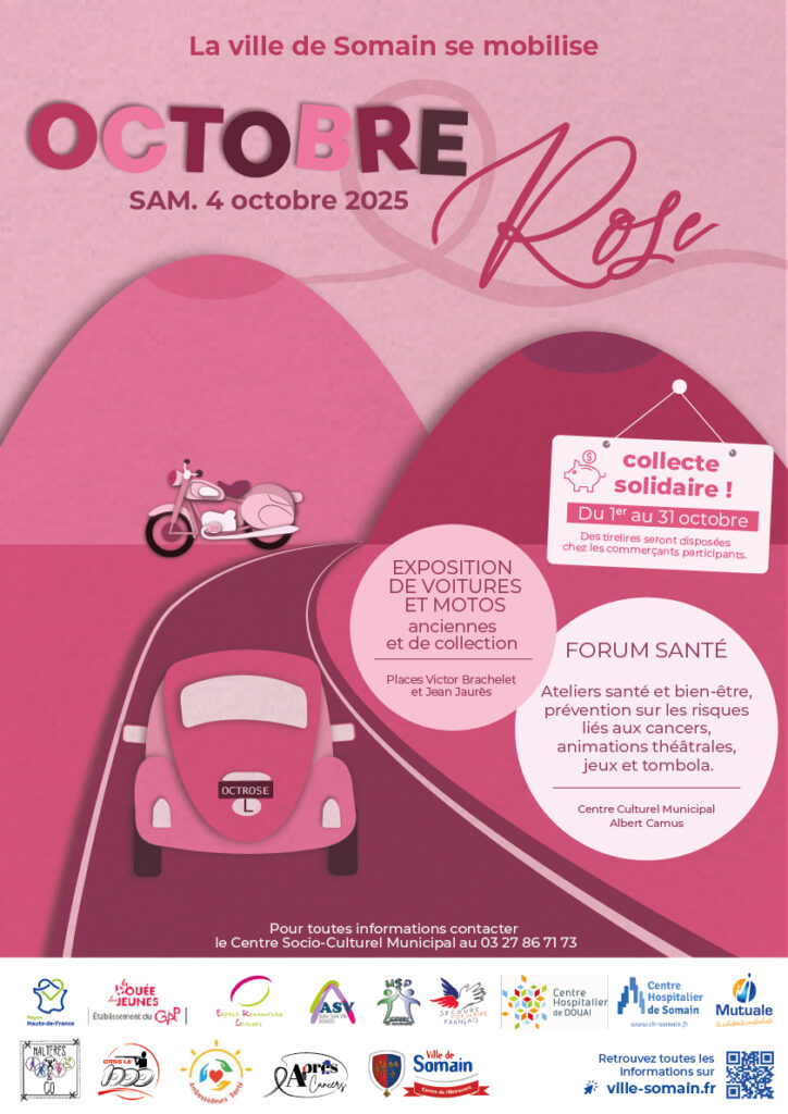 Affiche octobre rose en style papier découper. un paysage simulant une poitrine se dessine. un route est au premier plan, une voiture ancienne y roule.