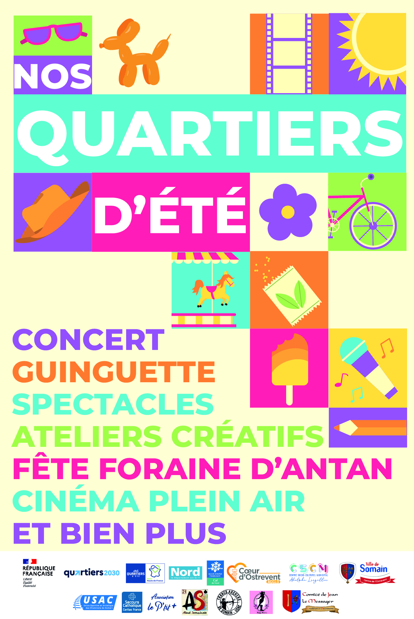 Affiche en Bento, titré "Nos quartiers d'été" avec ensemble d'icône vélo, fleur, carrousel, glace, micro. dans une palette de couleurs vives